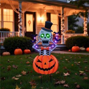 Metal Halloween Garden Stakes Decorations for Outdoor, Skeleton Jack-o-Lantern